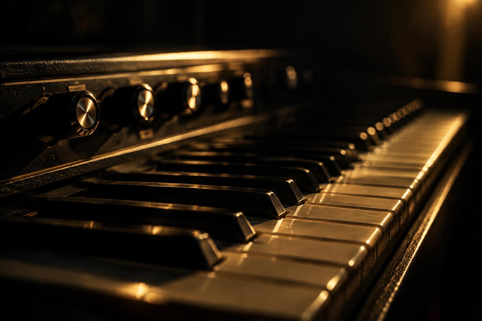 Close-up of a vintage electric piano keyboard and knobs in warm gold light
