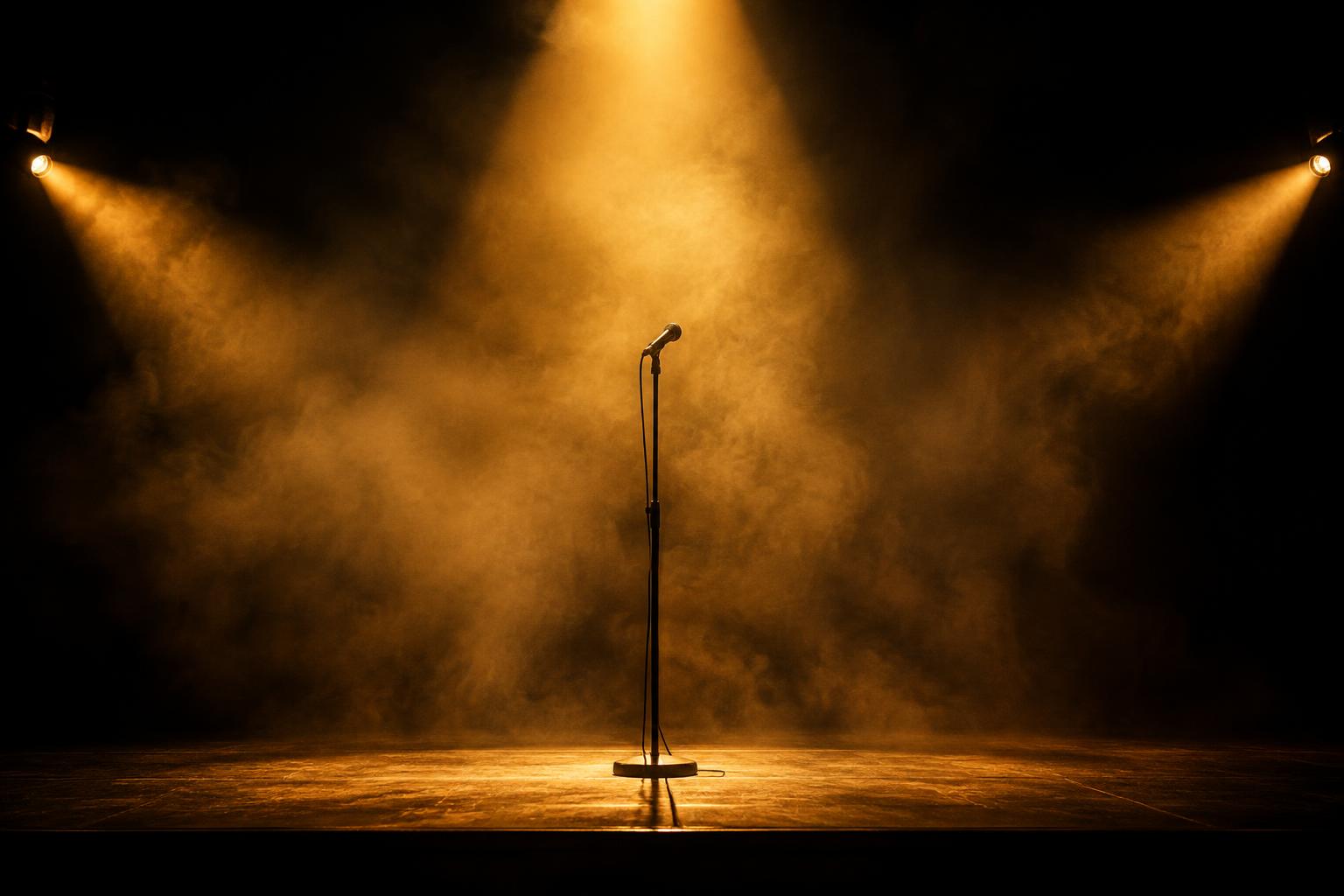 An empty stage before a show with a single microphone stand in gold light