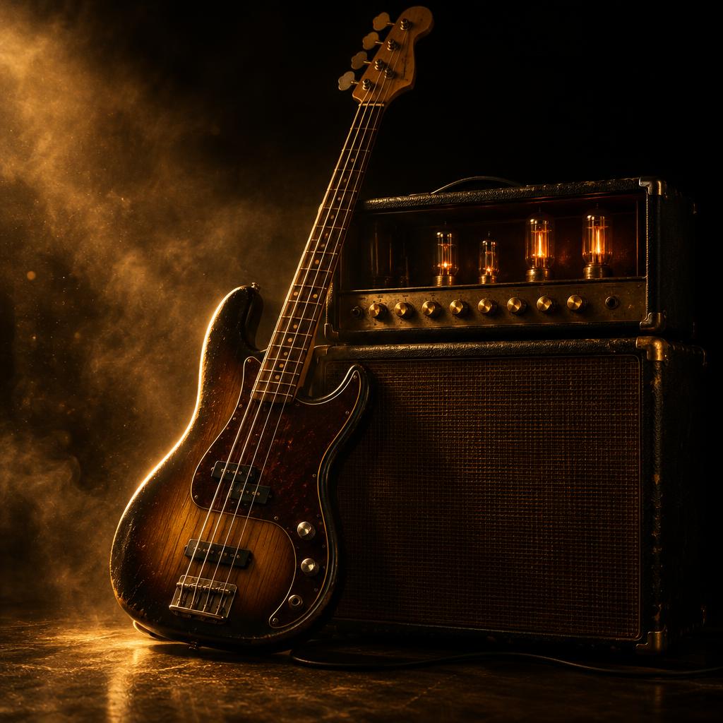 A bass guitar leaning against a vintage tube amplifier