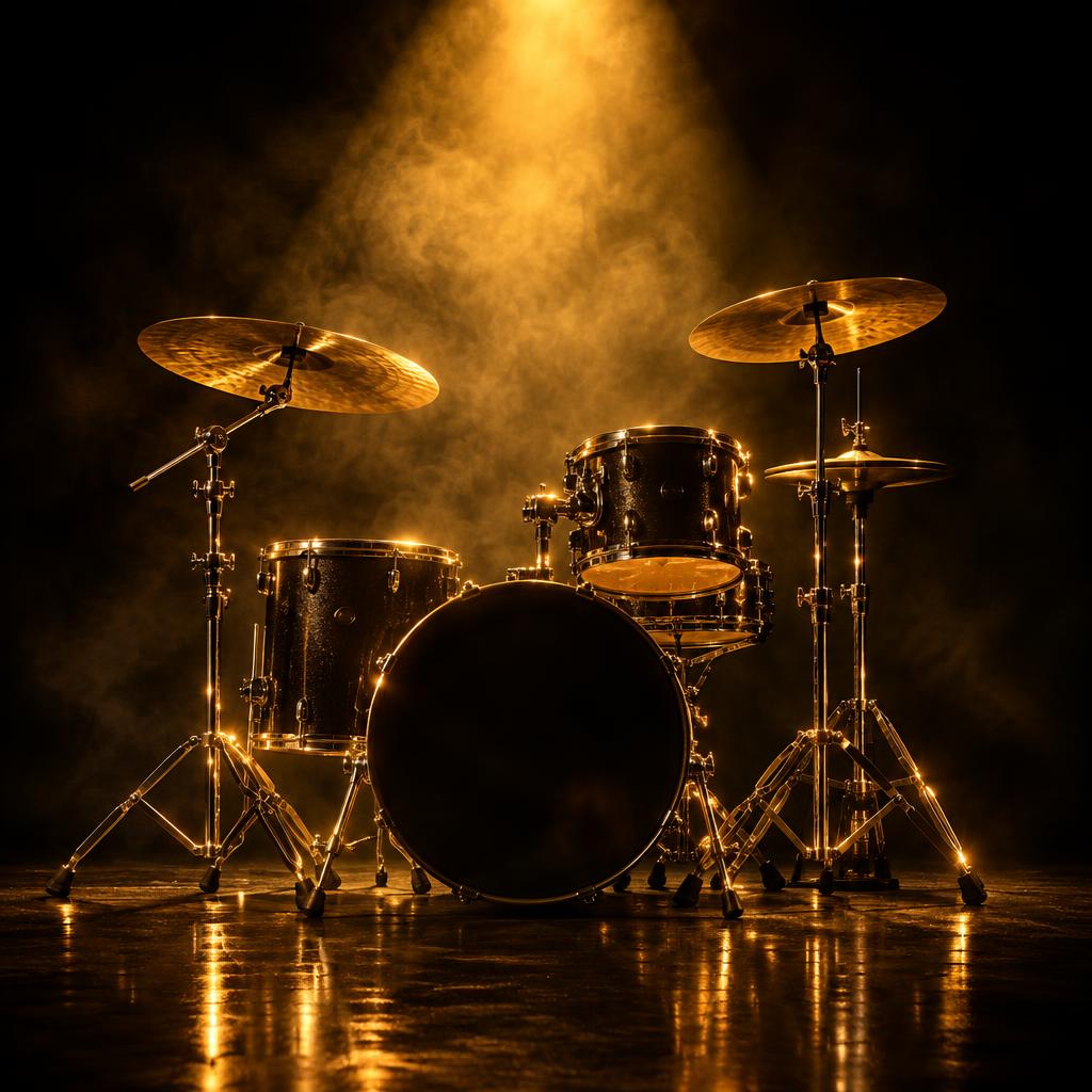 A drum kit under a single spotlight with haze