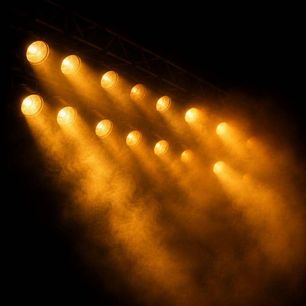 Stage lights glowing gold through haze