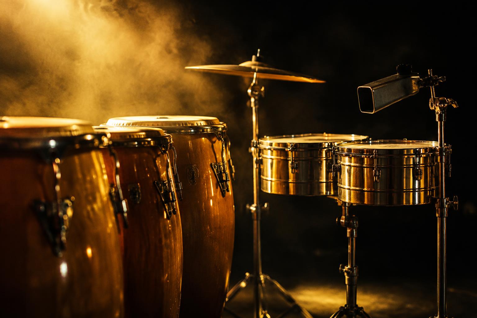 Congas, cymbals, snare drums and a cowbell lit by gold stage light